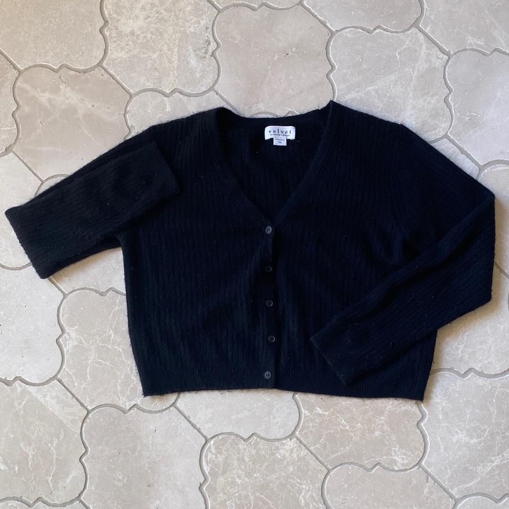 Velvet Black V-Neck Button-Front Cropped Cardigan